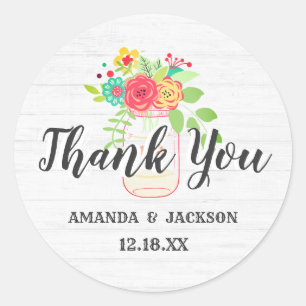 Rustic White Wood & Mason Jar Wedding Thank You Classic Round Sticker