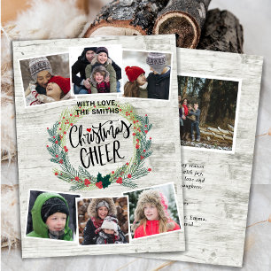 Rustic White Wood Photo Collage Floral Wreath Holiday Card