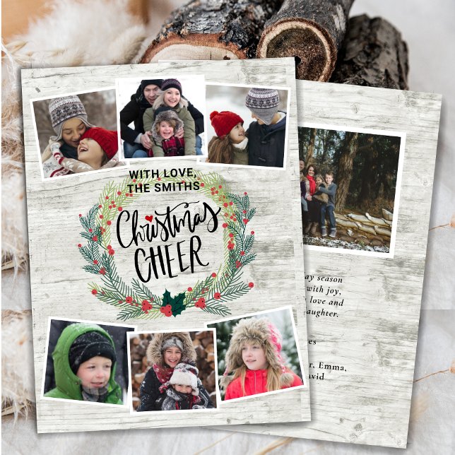 Rustic White Wood Photo Collage Floral Wreath Holiday Card (Creator Uploaded)