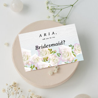 Rustic white wood pink mint roses Bridesmaid Invitation