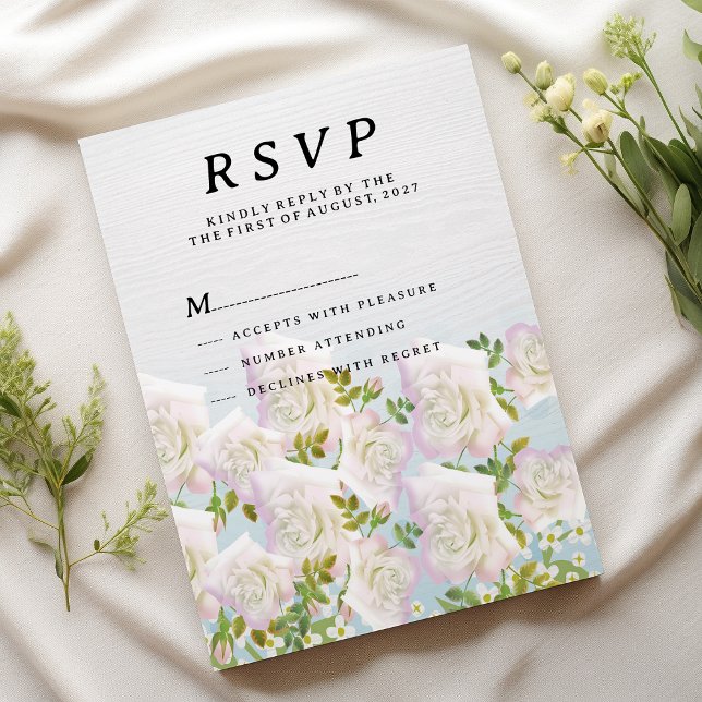 Rustic white wood pink mint roses RSVP  Invitation (Rustic white wood pink mint roses RSVP )