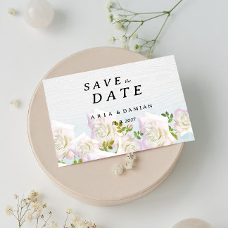 Rustic white wood pink mint roses Save the Date Invitation