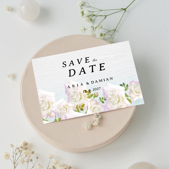 Rustic white wood pink mint roses Save the Date Invitation (Rustic white wood pink mint roses Save the Date)