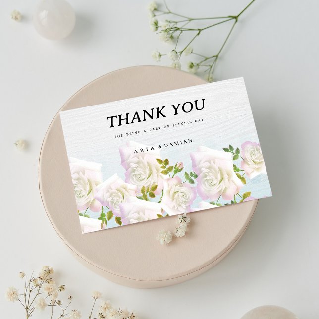 Rustic white wood pink mint roses Thank You  Invitation (Rustic white wood pink mint roses Thank You )