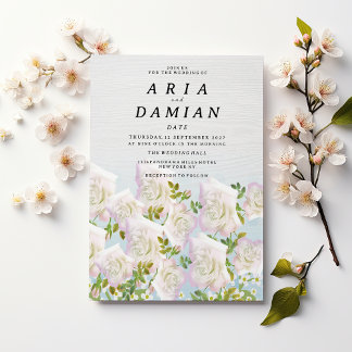 Rustic white wood pink mint roses Wedding Invitation