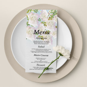 Rustic white wood pink mint roses Wedding Menu
