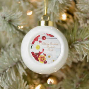 Rustic White Wood Poinsettia and Yellow Flower Ceramic Ball Christmas Ornament