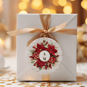 Rustic White Wood Poinsettia  Wedding              Classic Round Sticker