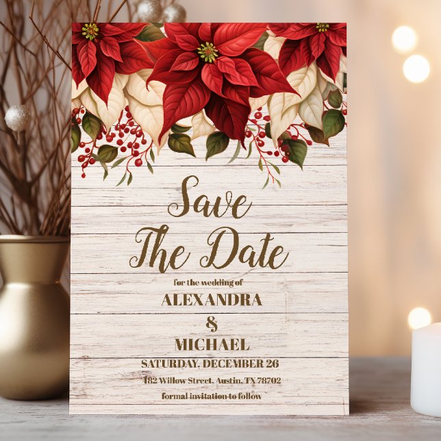 Rustic White Wood Poinsettia  Wedding              Save The Date (Creator Uploaded)