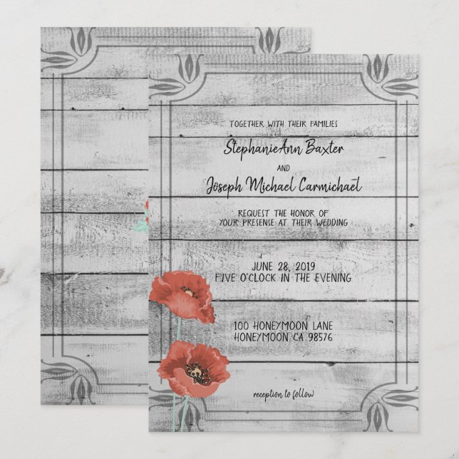 Rustic White Wood Poppy Flowers Wedding Card (Front/Back)