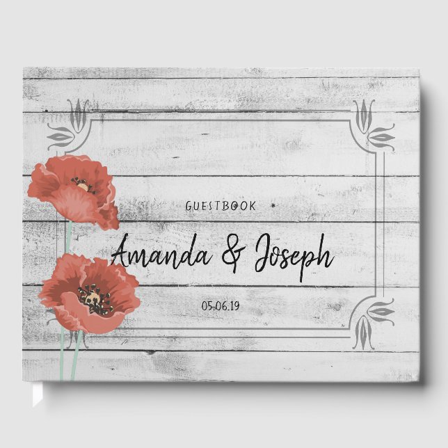 Rustic White Wood Poppy Flowers Wedding Guestbook (Front)