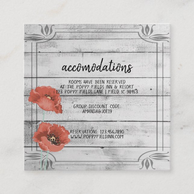 Rustic White Wood Poppy Flowers Wedding Hotel Enclosure Card (Front)
