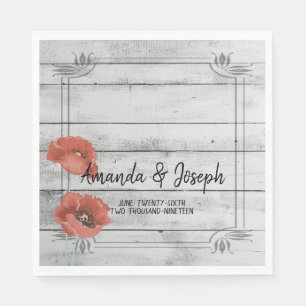 Rustic White Wood Poppy Flowers Wedding Napkins