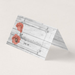 Rustic White Wood Poppy Flowers Wedding Table No. Business Card