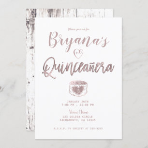Rustic White Wood Rose Gold Pink 15 Quinceañera Invitation