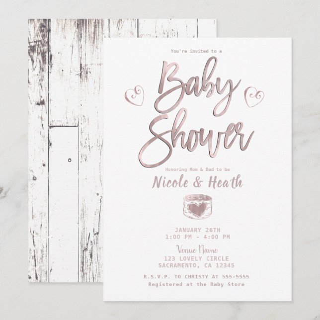 Rustic White Wood Rose Gold Pink Baby Shower   Invitation (Front/Back)