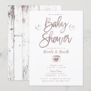 Rustic White Wood Rose Gold Pink Baby Shower   Invitation