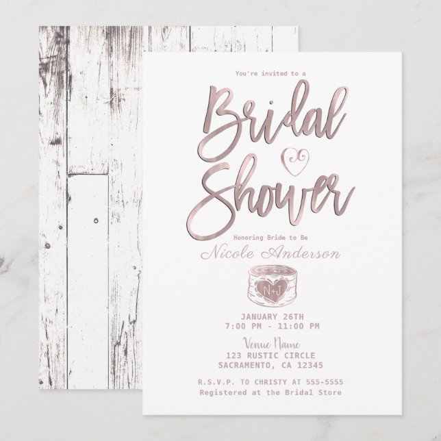 Rustic White Wood Rose Gold Pink Bridal Shower  Invitation (Front/Back)