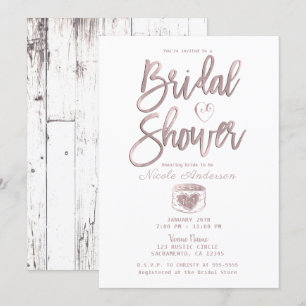 Rustic White Wood Rose Gold Pink Bridal Shower  Invitation
