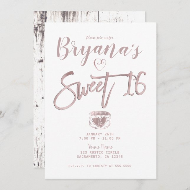 Rustic White Wood Rose Gold Pink Sweet 16 Party  Invitation (Front/Back)