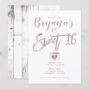 Rustic White Wood Rose Gold Pink Sweet 16 Party  Invitation