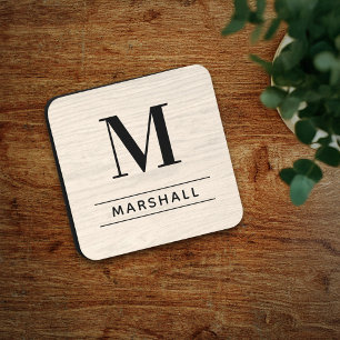 Rustic White Wood Serif Monogram Name Coaster