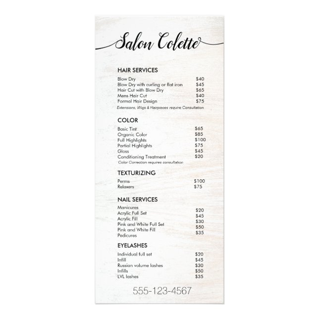 Rustic White Wood Signature Salon Service Menu (Front)