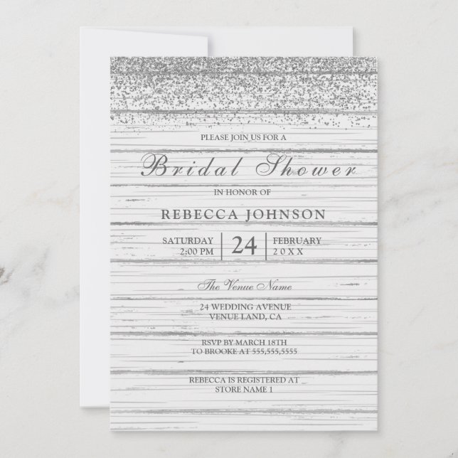 Rustic White Wood Silver Glitter Bridal Shower Invitation (Front)