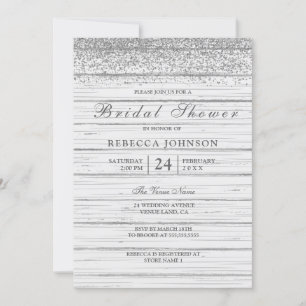 Rustic White Wood Silver Glitter Bridal Shower Invitation
