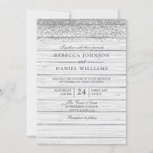 Rustic White Wood Silver Glitter Wedding Invite