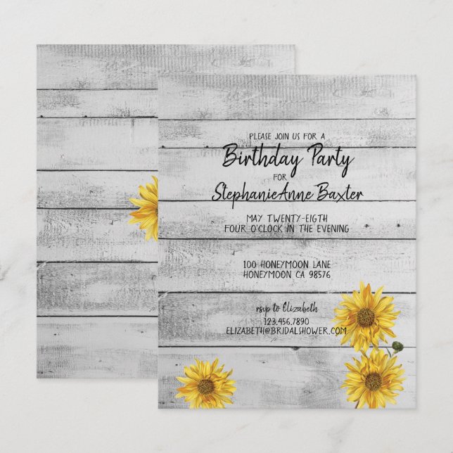 Rustic White Wood Sunflowers Birthday Invitation (Front/Back)
