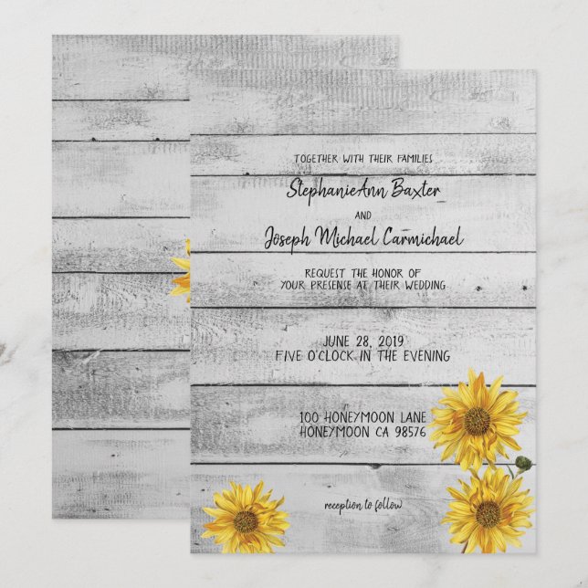 Rustic White Wood Sunflowers Wedding Card (Front/Back)