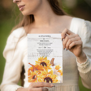 Rustic White Wood Watercolor Pumpkin Sunflower  Invitation