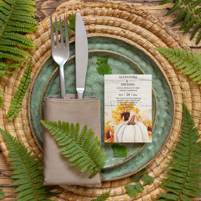 Rustic White Wood Watercolor Pumpkin Sunflower  Invitation (Creator Uploaded)