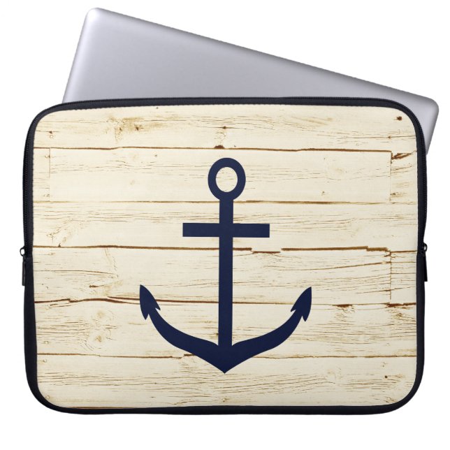 Rustic White Wood with Anchor Laptop Sleeve (Front)