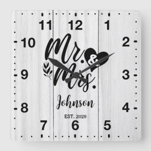 Rustic White wooden Elegant Script Mr & Mrs Square Wall Clock