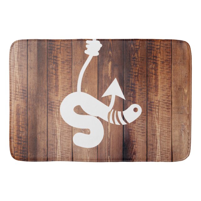 Rustic White Worm on a Hook & Wood Planks Bath Mat (Front)