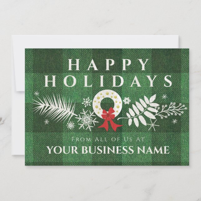 Rustic White Wreath Green Plaid Corporate Business Holiday Card (Front)