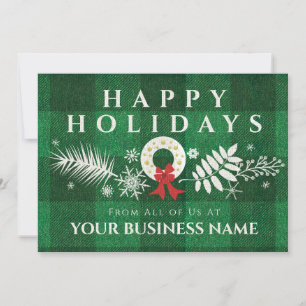 Rustic White Wreath Green Plaid Corporate Business Holiday Card
