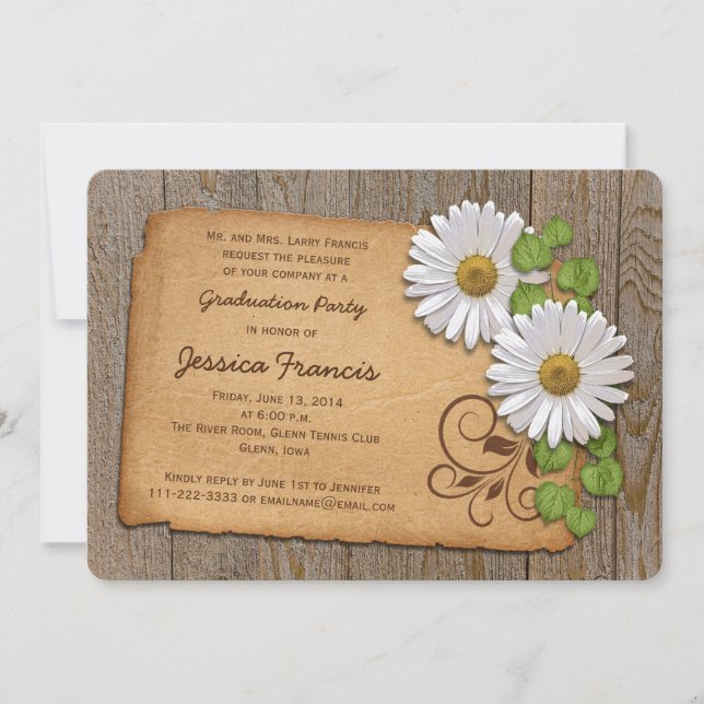 Rustic White Yellow Daisy Country Graduation Party Invitation (Front)