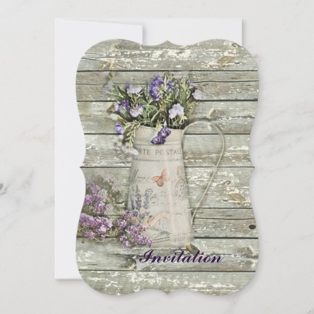 rustic whitewashed wood farmhouse lavender invitation (Front)