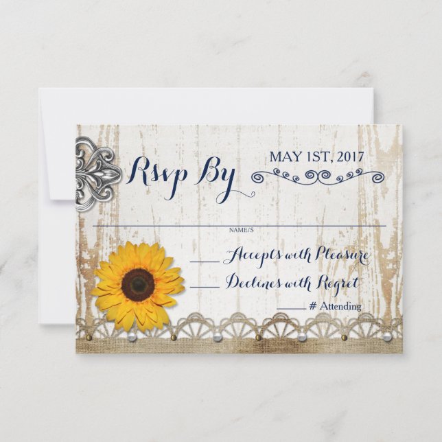 Rustic Whitewood Sunflower Floral Wedding RSVP Invitation (Front)
