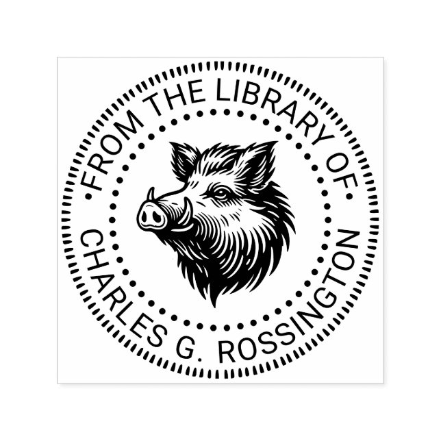 Rustic Wild Boar Head Library Book Name #1N Self-inking Stamp (Design)