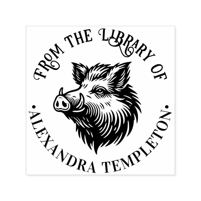 Rustic Wild Boar Head Library Book Name #1P Self-inking Stamp (Design)