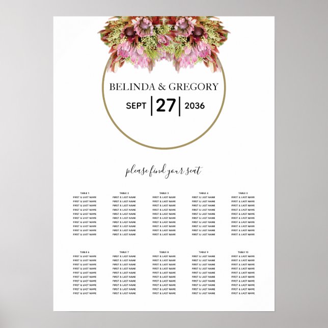 Rustic Wild Flower Bouquet Wedding Seating Chart (Front)