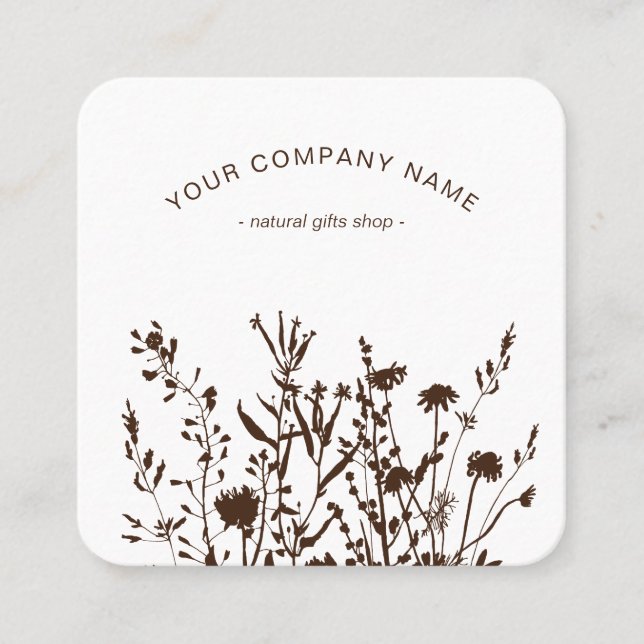 Rustic Wild Flowers Earthy Floral Sketches Logo Square Business Card (Front)