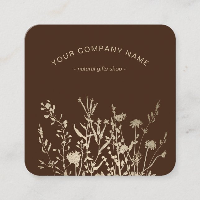 Rustic Wild Flowers Earthy Floral Sketches Logo Square Business Card (Front)