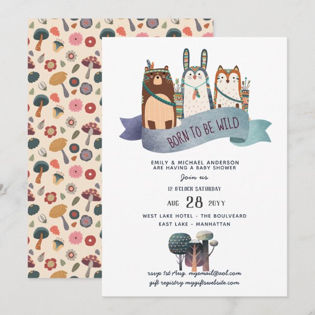 Rustic WILD ONE Woodland Animals Tribal Baby Boy Invitation (Front/Back)