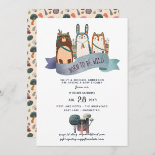 Rustic WILD ONE Woodland Animals Tribal Baby Boy Invitation