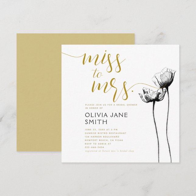 Rustic Wild Poppy Black White Gold Bridal Shower Invitation (Front/Back)